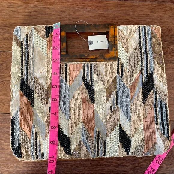 NWT Anthropologie Geometric Beaded Clutch in Beige Acrylic Handle Brown Black - Picture 11 of 11